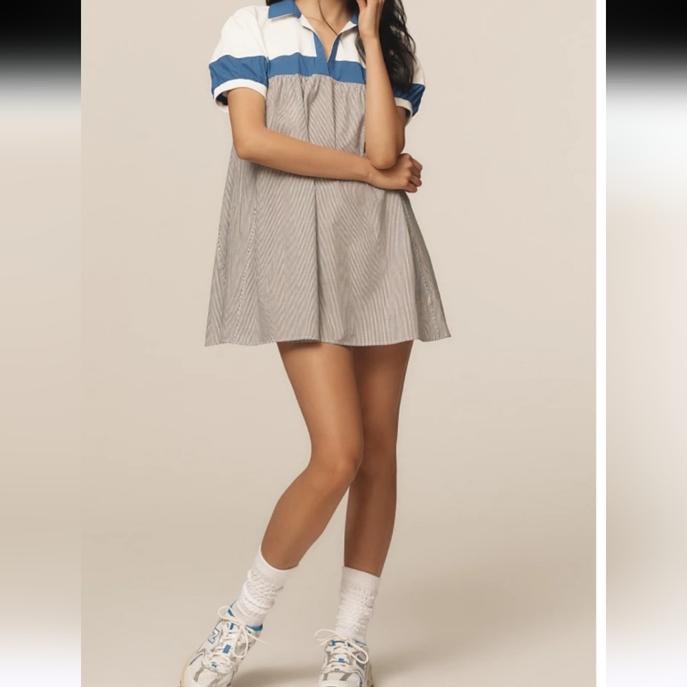 Anthropologie Blue, White & Gray Striped Polo Mini Dress